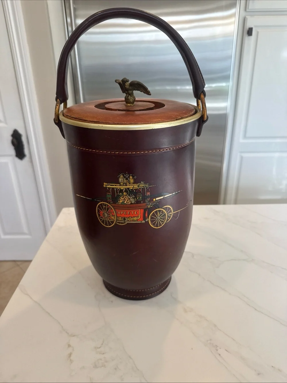 Brown Leather Barrel Ice Bucket with Eagle Finial